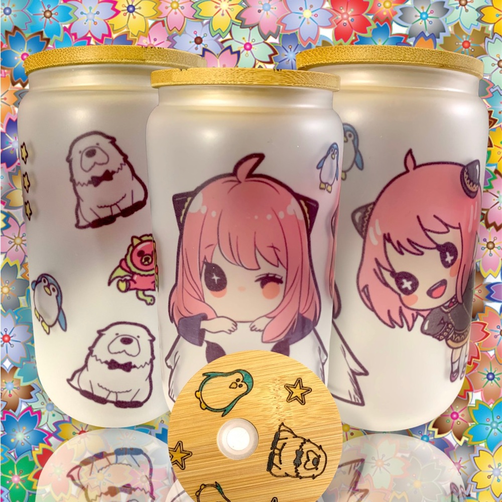 Cute kawaii chibi Anya (s*y family) theme 16oz glass beer can cup